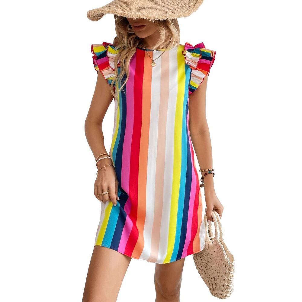 Solid V Neck Ruffle Trim Cap Sleeve Summer Tunic Dress, MEDIUM, 4N-177D001